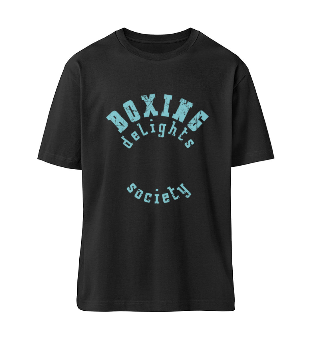 Schwarzes T-Shirt Unisex Relaxed Fit für Frauen und Männer bedruckt mit dem Design der Roger Rockawoo Clothing Kollektion Boxing delights society
