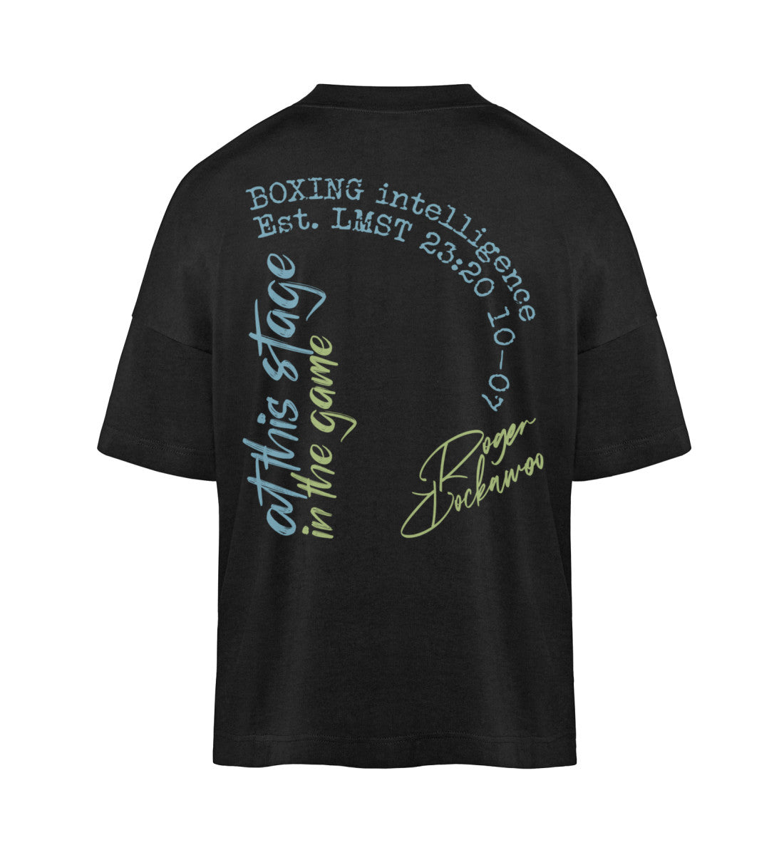 Schwarzes T-Shirt Unisex Oversize Fit für Frauen und Männer bedruckt mit dem Design der Roger Rockawoo Kollektion Boxing in the game