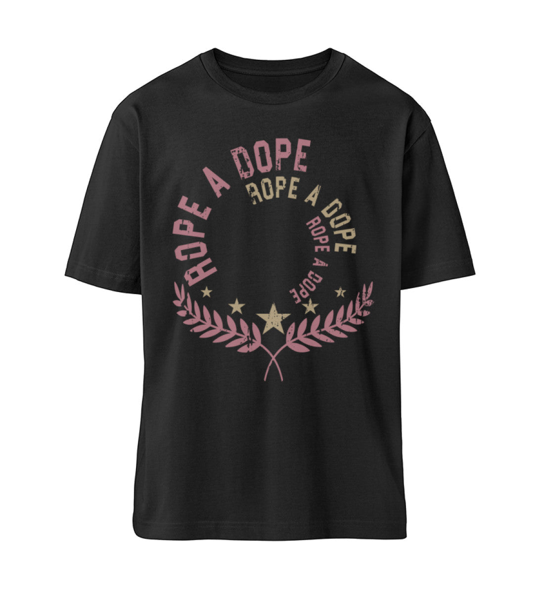 Schwarzes T-Shirt Unisex Relaxed Fit für Frauen und Männer bedruckt mit dem Design der Roger Rockawoo Clothing Kollektion Boxing Rope A Dope