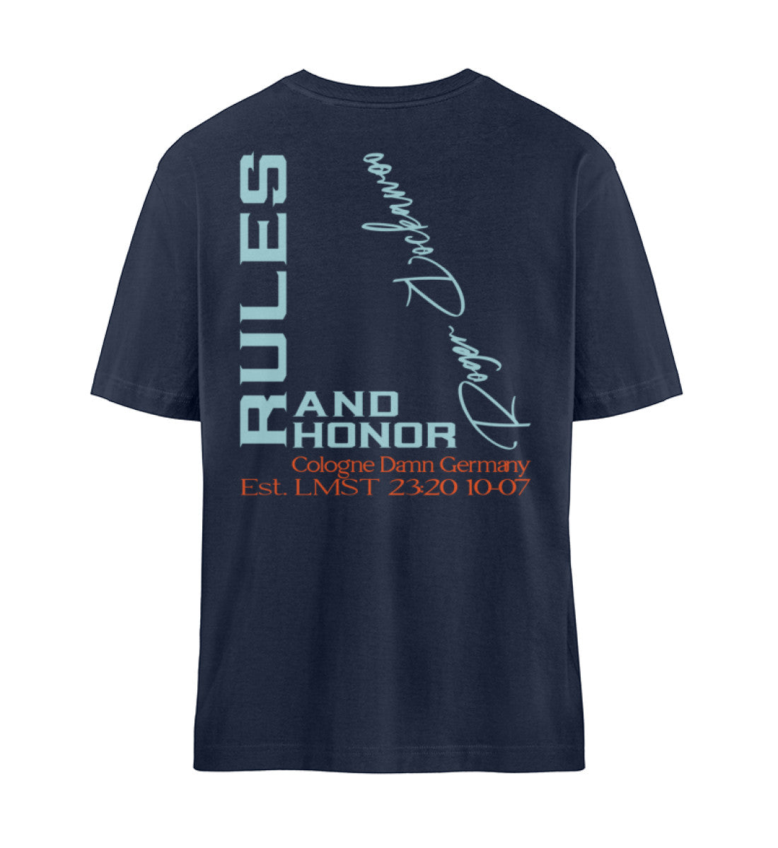 French Navy Blue T-Shirt Damen Herren Unisex mit Print Design der Boxing Rules and Honor Kollektion von Roger Rockawoo Clothing