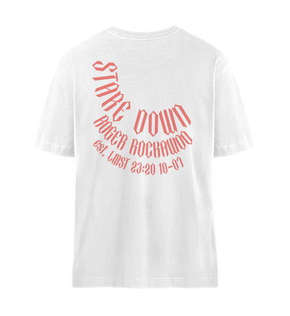 Weißes T-Shirt Unisex Relaxed Fit für Frauen und Männer bedruckt mit dem Design der Roger Rockawoo Kollektion Boxing Stare Down unstoppable relentless determined