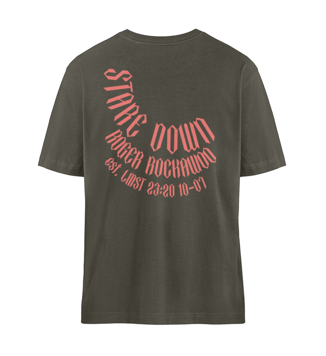 Khaki T-Shirt Unisex Relaxed Fit für Frauen und Männer bedruckt mit dem Design der Roger Rockawoo Kollektion Boxing Stare Down unstoppable relentless determined
