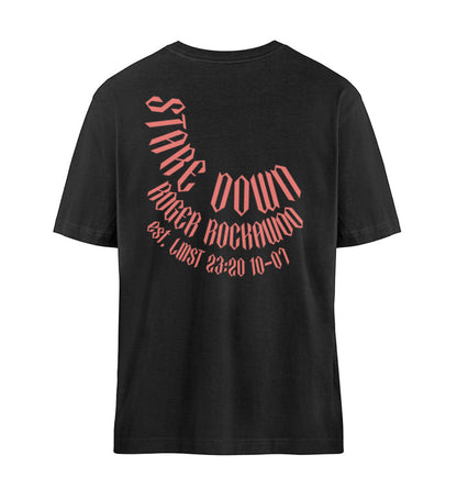 Schwarzes T-Shirt Unisex Relaxed Fit für Frauen und Männer bedruckt mit dem Design der Roger Rockawoo Kollektion Boxing Stare Down unstoppable relentless determined