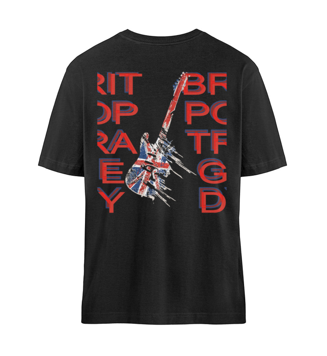 Schwarzes T-Shirt Unisex Relaxed Fit für Frauen und Männer bedruckt mit dem Design der Roger Rockawoo Kollektion Guitar Britpop Tragedy