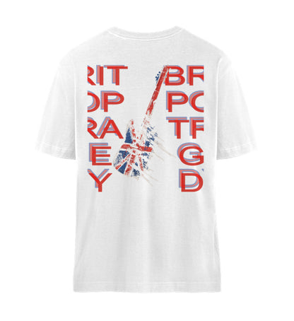 Weißes T-Shirt Unisex Relaxed Fit für Frauen und Männer bedruckt mit dem Design der Roger Rockawoo Kollektion Guitar Britpop Tragedy