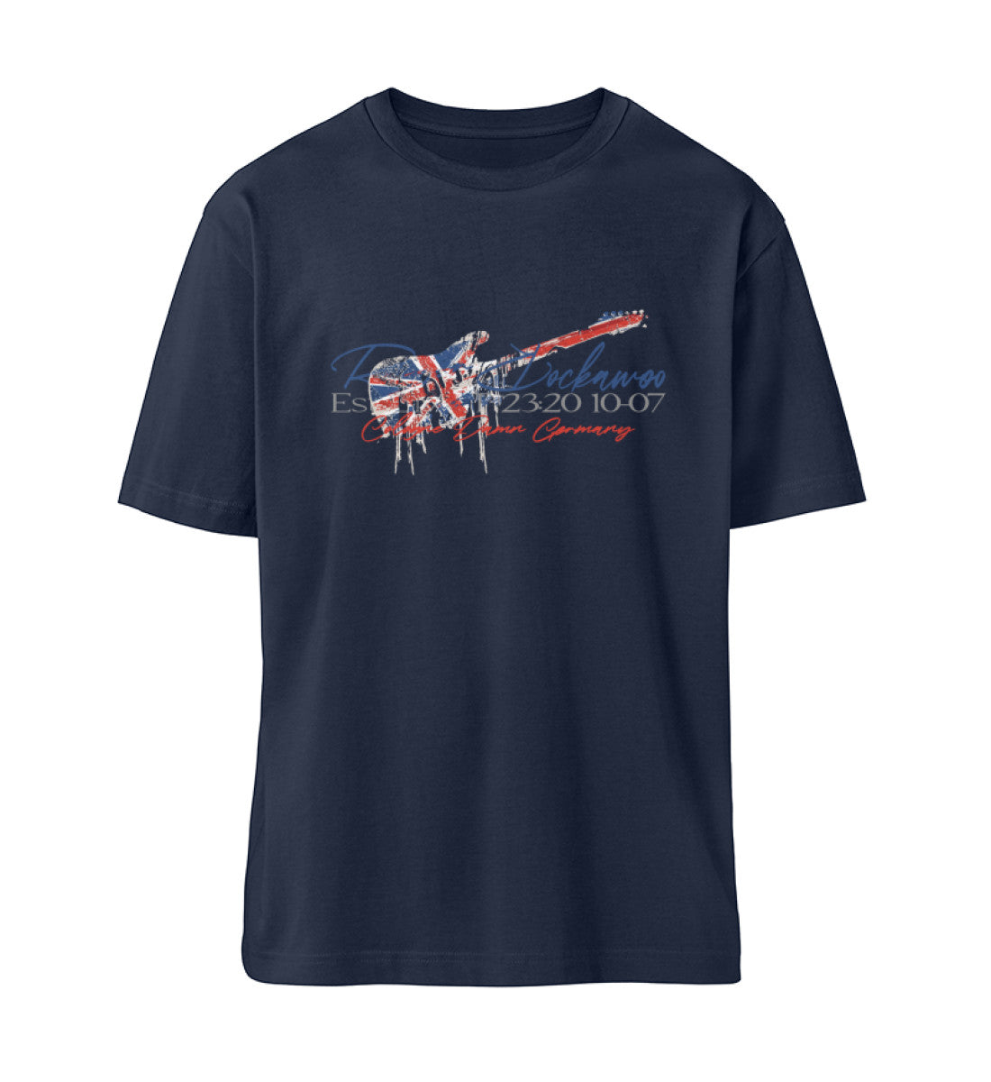Navy Blue T-Shirt Unisex Relaxed Fit für Frauen und Männer bedruckt mit dem Design der Roger Rockawoo Kollektion Guitar Britpop Tragedy