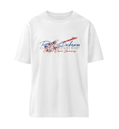 Weißes T-Shirt Unisex Relaxed Fit für Frauen und Männer bedruckt mit dem Design der Roger Rockawoo Kollektion Guitar Britpop Tragedy