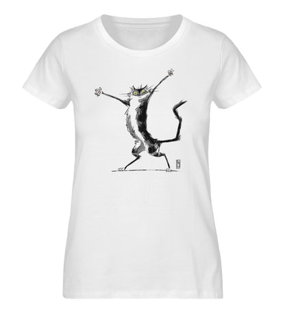 Weißes Damen T-Shirt bedruckt mit dem Design der fraugau Kollektion Crazy Cat ChaosDamen T-Shirt bedruckt mit dem Design der fraugau Kollektion Crazy Cat Chaos