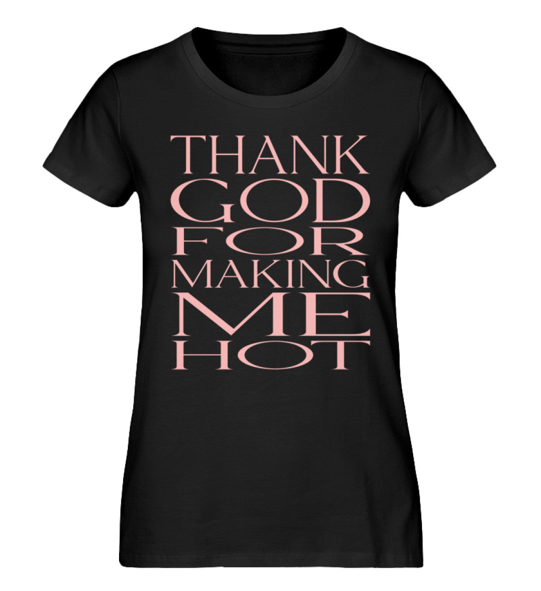 Schwarzes Damen T-Shirt bedruckt mit dem Design der Roger Rockawoo Kollektion Thank God