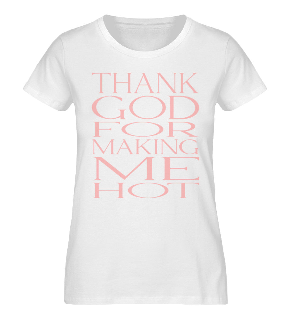 Weißes Damen T-Shirt bedruckt mit dem Design der Roger Rockawoo Kollektion Thank God