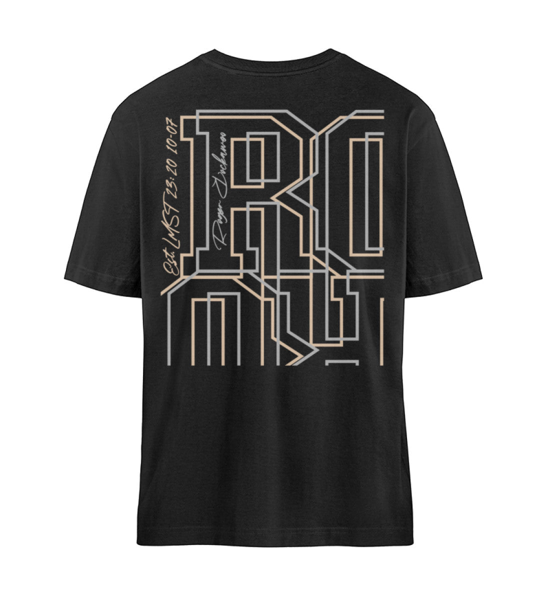Schwarzes T-Shirt Unisex Relaxed Fit für Frauen und Männer bedruckt mit dem Design der Roger Rockawoo Kollektion Desperate and displeased