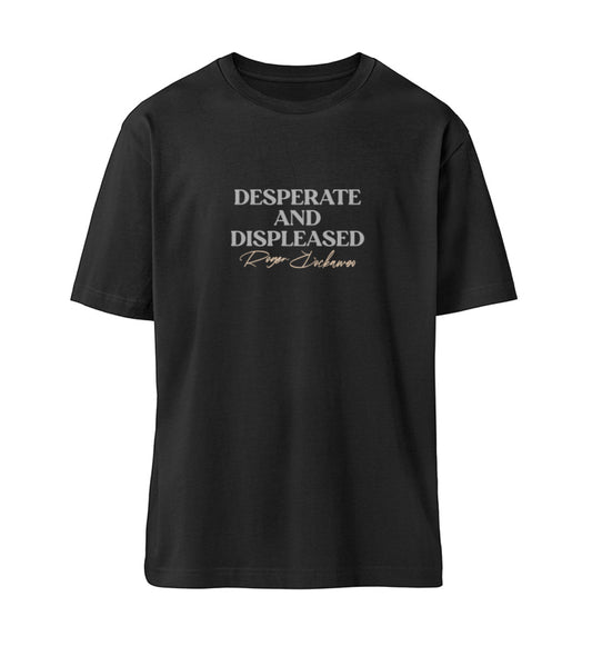 Schwarzes T-Shirt Unisex Relaxed Fit für Frauen und Männer bedruckt mit dem Design der Roger Rockawoo Kollektion Desperate and displeased