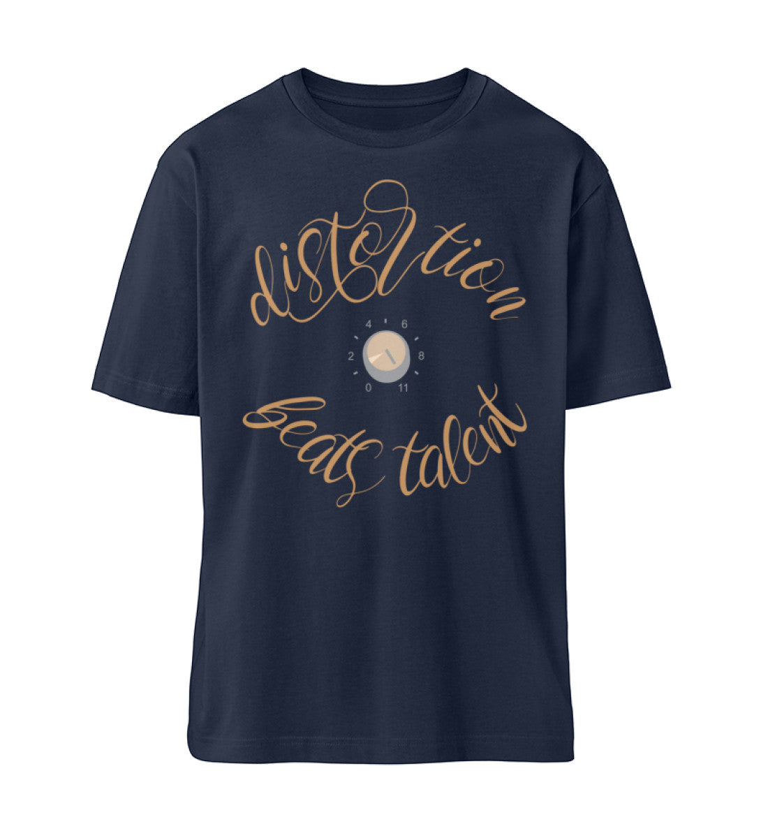 Navy Blue T-Shirt Unisex Relaxed Fit für Frauen und Männer bedruckt mit dem Design der Roger Rockawoo Kollektion guitar distortion beats talent