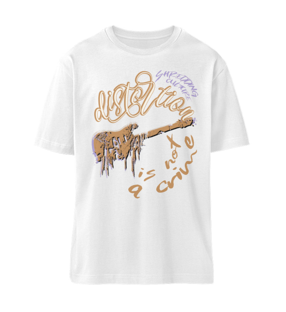 Weißes T-Shirt Unisex Relaxed Fit für Frauen und Männer bedruckt mit dem Design der Roger Rockawoo Kollektion E-Guitar Distortion is not a crime