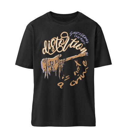 Schwarzes T-Shirt Unisex Relaxed Fit für Frauen und Männer bedruckt mit dem Design der Roger Rockawoo Kollektion E-Guitar Distortion is not a crime