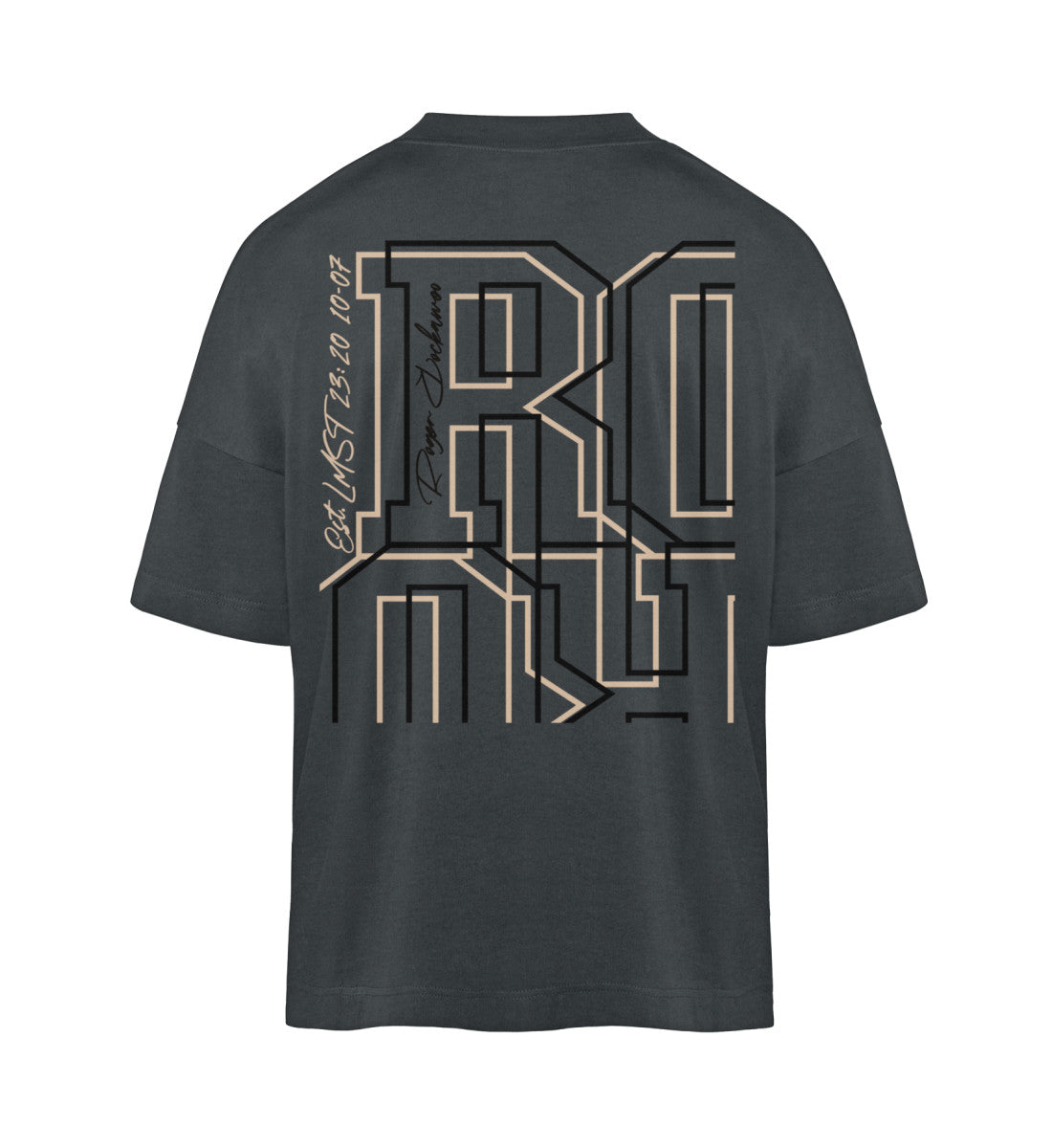 Schwarzes T-Shirt Unisex Oversize Fit für Frauen und Männer bedruckt mit dem Design der Roger Rockawoo Kollektion Schwer Laut