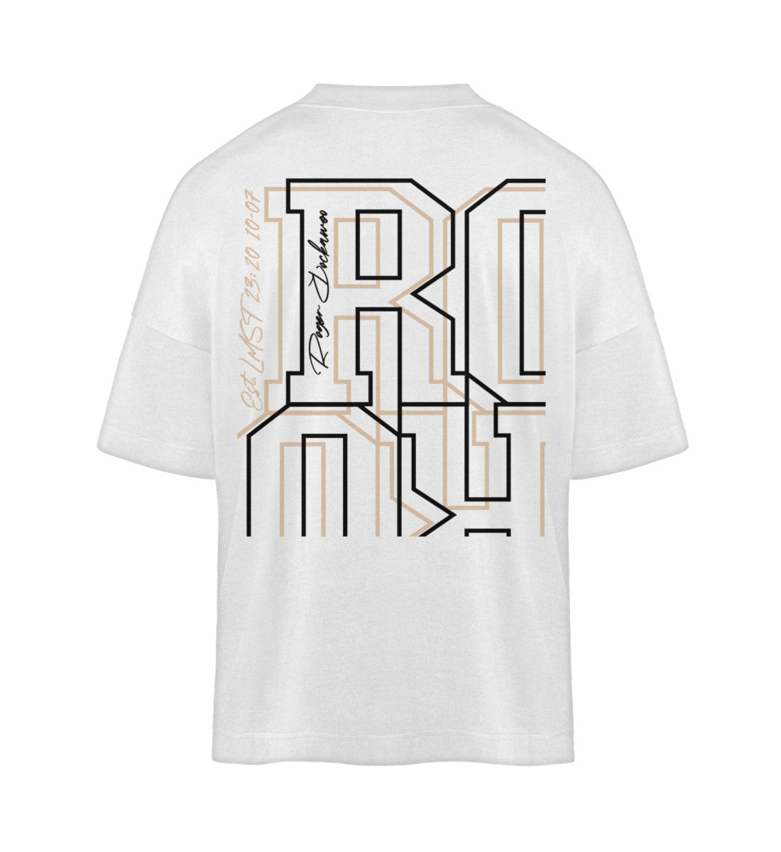Weißes T-Shirt Unisex Oversize Fit für Frauen und Männer bedruckt mit dem Design der Roger Rockawoo Kollektion Schwer Laut