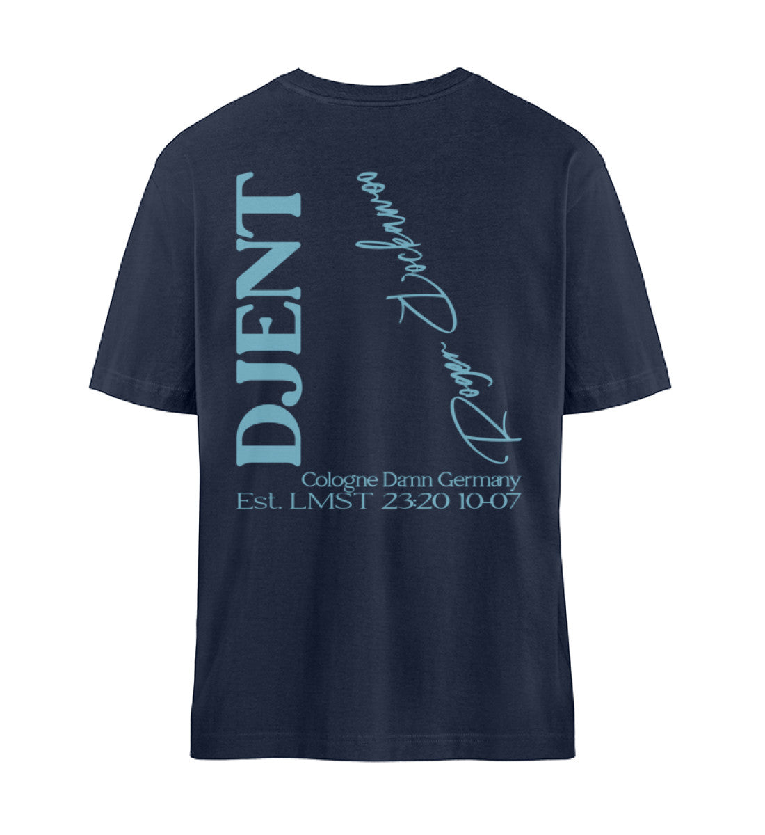 French Navy Blue Relaxed Fit T-Shirt Rückseite für Damen und Herren bedruckt in schwarz mit Design der Djent Kollektion von Roger Rockawoo