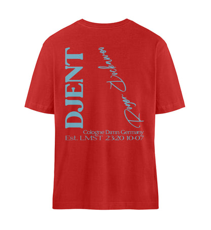 Rotes Relaxed Fit T-Shirt Rückseite für Damen und Herren bedruckt in schwarz mit Design der Djent Kollektion von Roger Rockawoo