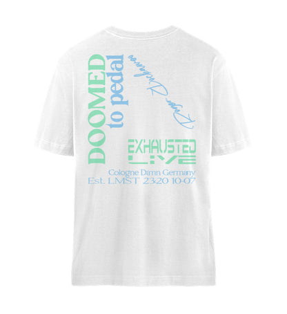 Weißes T-Shirt Unisex Relaxed Fit für Frauen und Männer bedruckt mit dem Design der Roger Rockawoo Kollektion Mountainbike doomed to pedal