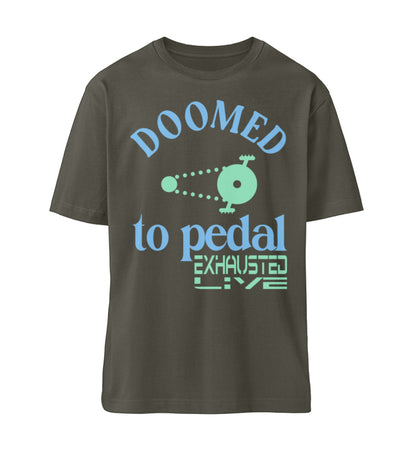 Khaki farbiges T-Shirt Unisex Relaxed Fit für Frauen und Männer bedruckt mit dem Design der Roger Rockawoo Kollektion Mountainbike doomed to pedal