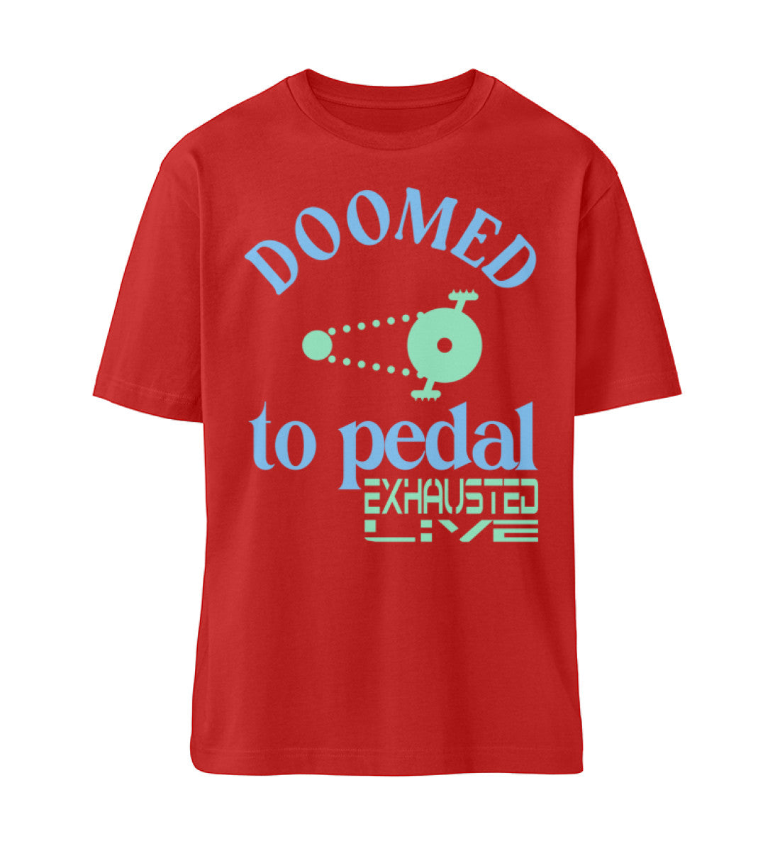 Rotes T-Shirt Unisex Relaxed Fit für Damen und Herren bedruckt mit dem Design der Roger Rockawoo Kollektion Mountainbike doomed to pedal
