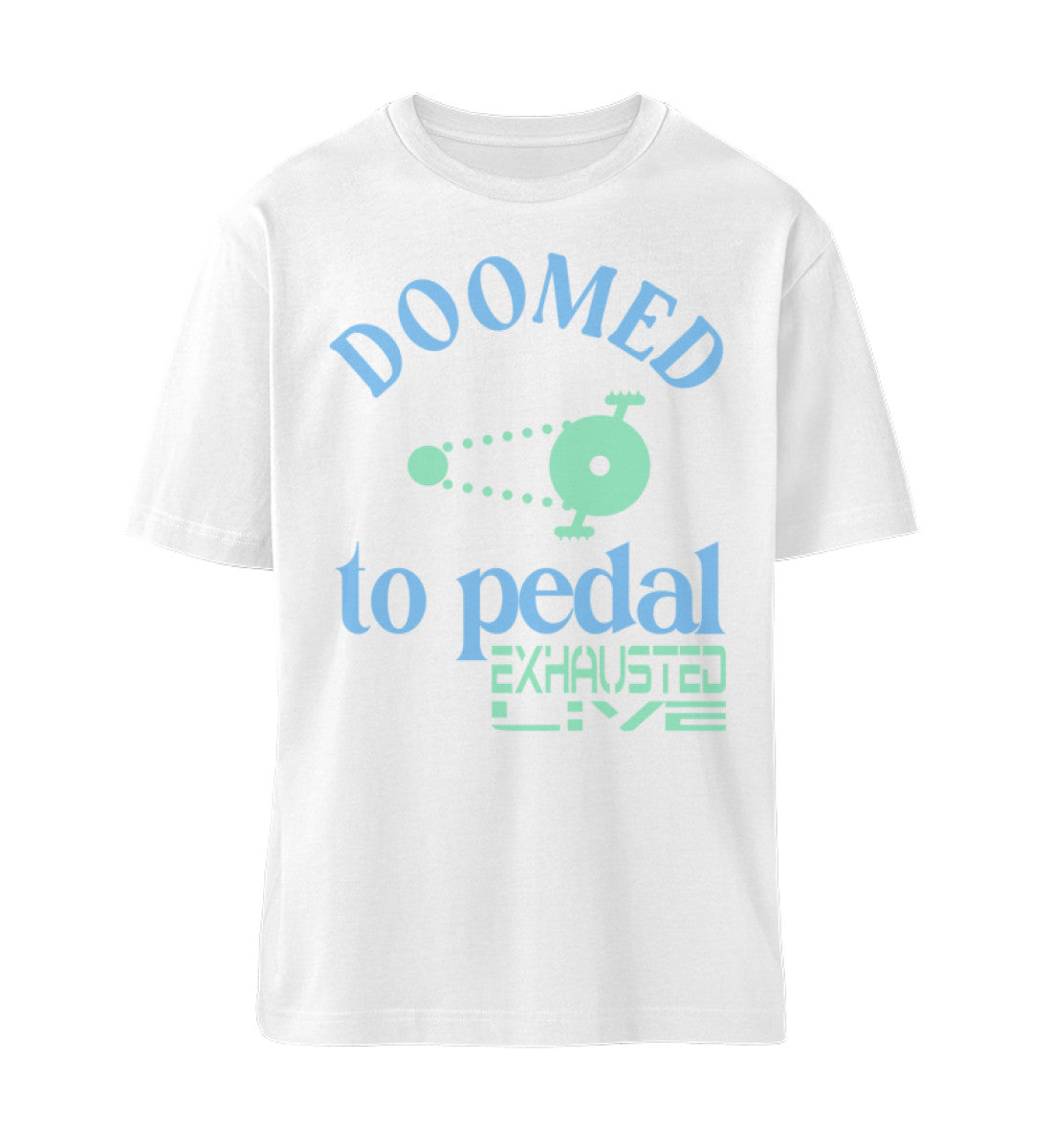 Weißes T-Shirt Unisex Relaxed Fit für Frauen und Männer bedruckt mit dem Design der Roger Rockawoo Kollektion Mountainbike doomed to pedal