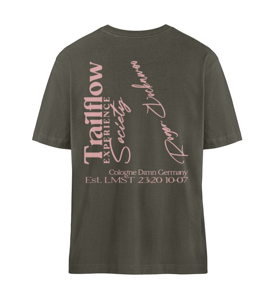Khaki farbiges T-Shirt Unisex Relaxed Fit für Frauen und Männer bedruckt mit dem Design der Roger Rockawoo Kollektion Mountainbike born to move down