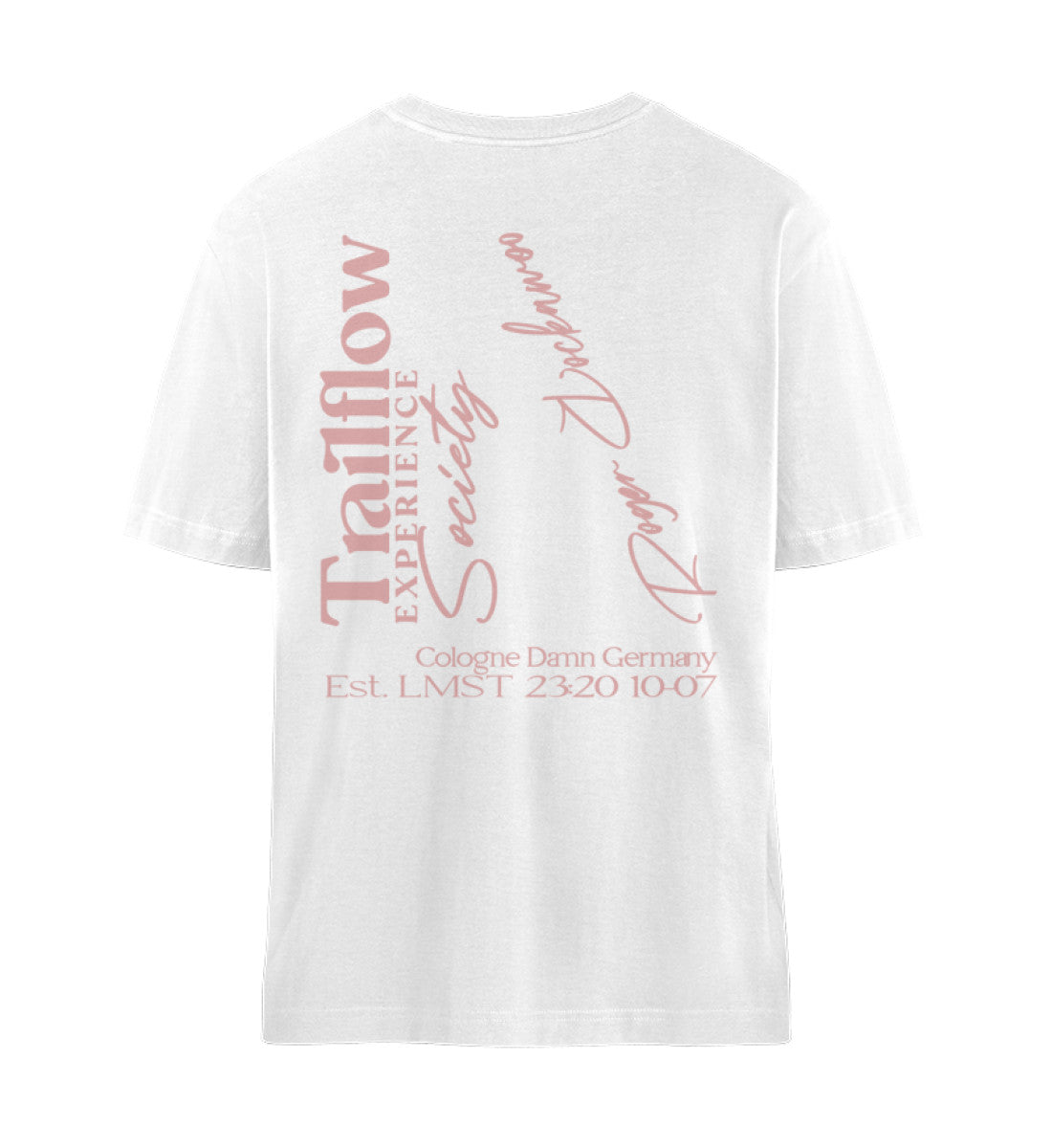 Weißes T-Shirt Unisex Relaxed Fit für Frauen und Männer bedruckt mit dem Design der Roger Rockawoo Mountainbike born to move down
