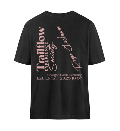 Schwarzes T-Shirt Unisex Relaxed Fit für Frauen und Männer bedruckt mit dem Design der Roger Rockawoo Kollektion Mountainbike born to move down