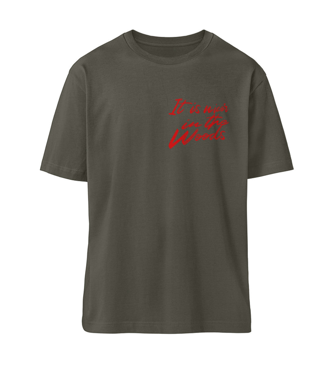 Khaki farbiges T-Shirt Unisex Relaxed Fit für Frauen und Männer bedruckt mit dem Design der Roger Rockawoo Kollektion Mountainbike it is nicer in the woods