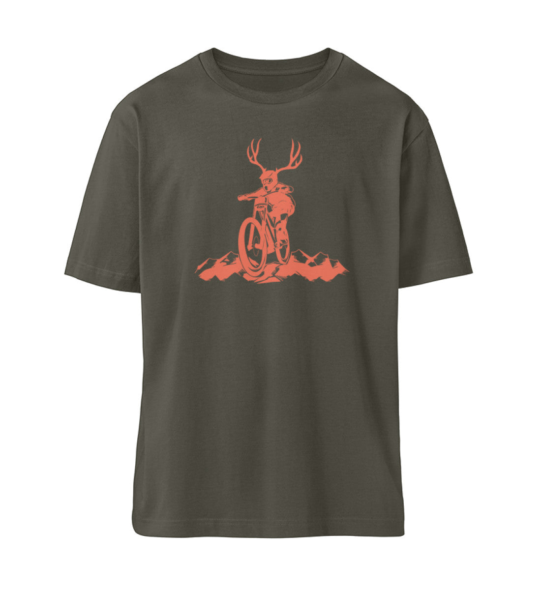 Khaki T-Shirt Unisex Damen und Herren bedruckt in schwarz mit Design der Downhill Upthrill Kollektion, einem Mountainbiker mit Hörnern der einen Berg hinunter fährt und dem Logo Schriftzug von Roger Rockawoo Clothing