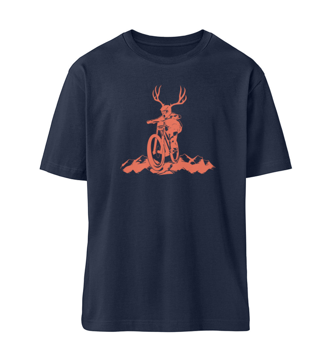 French Navy Blue T-Shirt Unisex Damen und Herren bedruckt in schwarz mit Design der Downhill Upthrill Kollektion, einem Mountainbiker mit Hörnern der einen Berg hinunter fährt und dem Logo Schriftzug von Roger Rockawoo Clothing