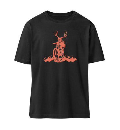 Schwarzes T-Shirt Unisex Damen und Herren bedruckt in schwarz mit Design der Downhill Upthrill Kollektion, einem Mountainbiker mit Hörnern der einen Berg hinunter fährt und dem Logo Schriftzug von Roger Rockawoo Clothing