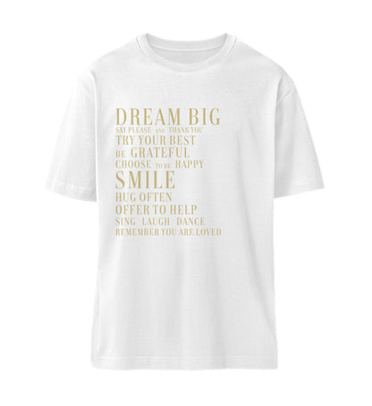 Weißes T-Shirt Unisex Relaxed Fit für Frauen und Männer bedruckt mit dem Design der Roger Rockawoo Kollektion Dream Big