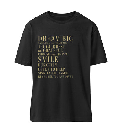 Schwarzes T-Shirt Unisex Relaxed Fit für Frauen und Männer bedruckt mit dem Design der Roger Rockawoo Kollektion Dream Big