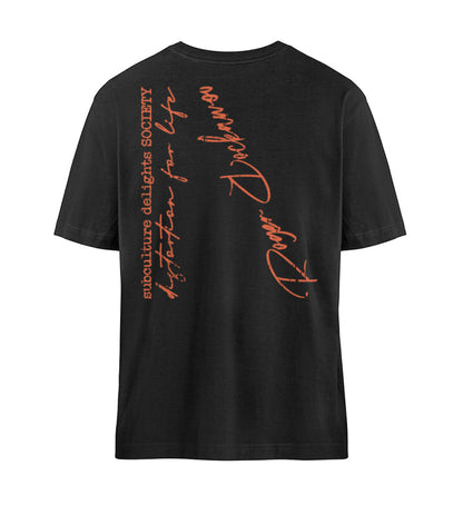 Schwarzes T-Shirt Unisex Relaxed Fit für Frauen und Männer bedruckt mit dem Design der Roger Rockawoo Kollektion E-Gitarren Humbucker Set Up
