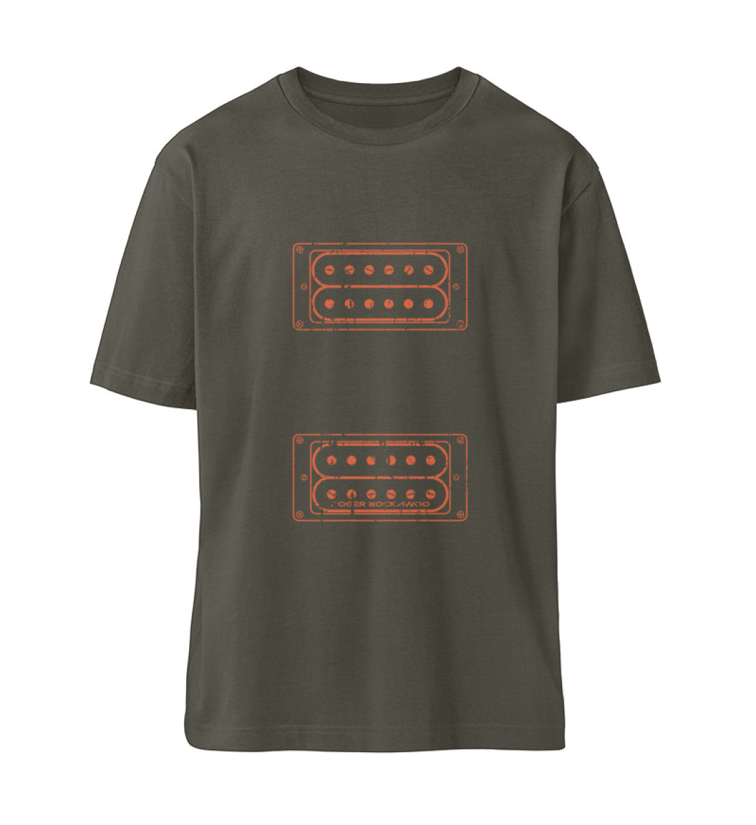 Khaki T-Shirt Unisex Relaxed Fit für Frauen und Männer bedruckt mit dem Design der Roger Rockawoo Kollektion E-Gitarren Humbucker Set Up