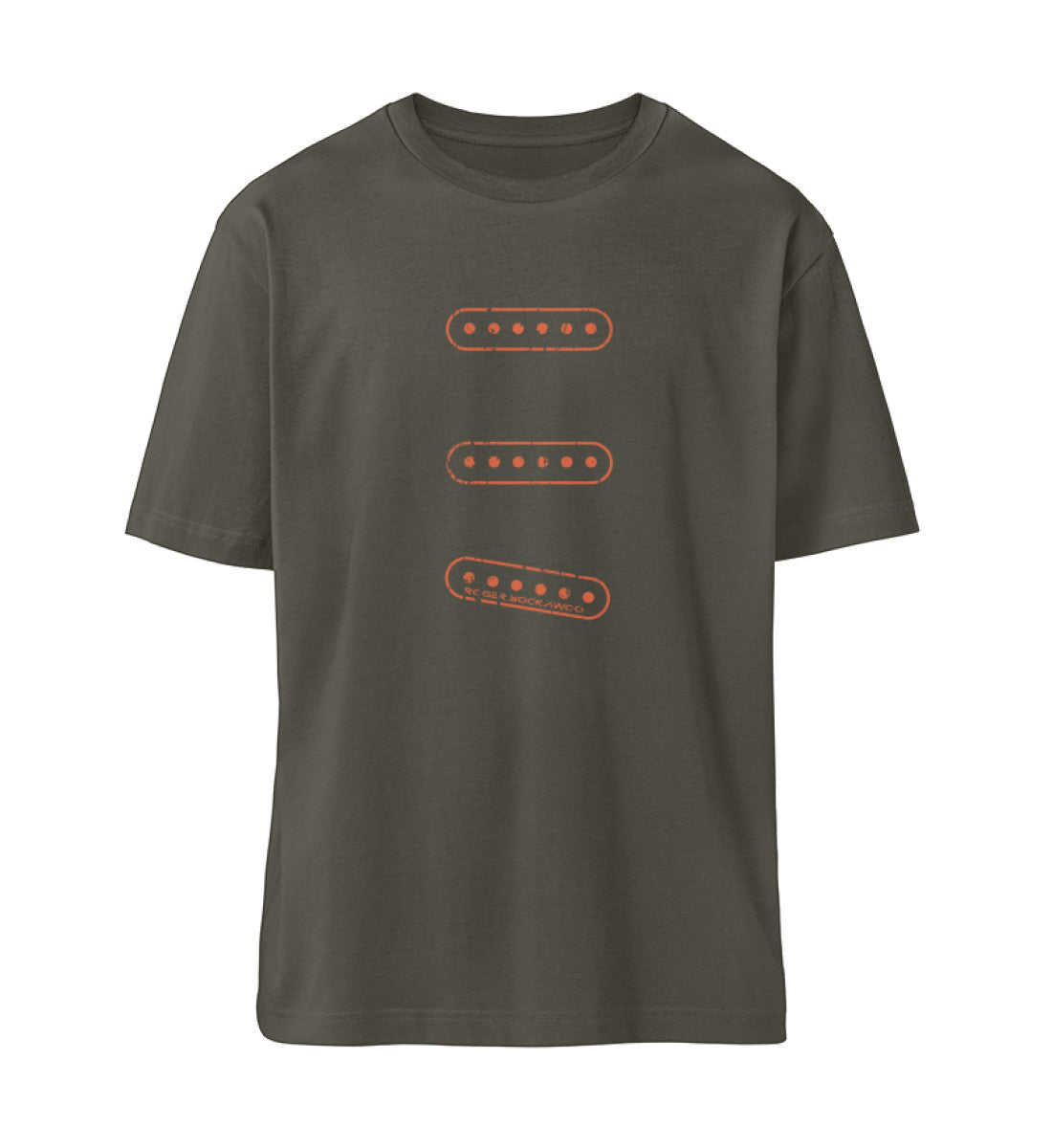 Khaki T-Shirt Unisex Relaxed Fit für Frauen und Männer bedruckt mit dem Design der Roger Rockawoo Kollektion E-Gitarren Single Coil Set Up