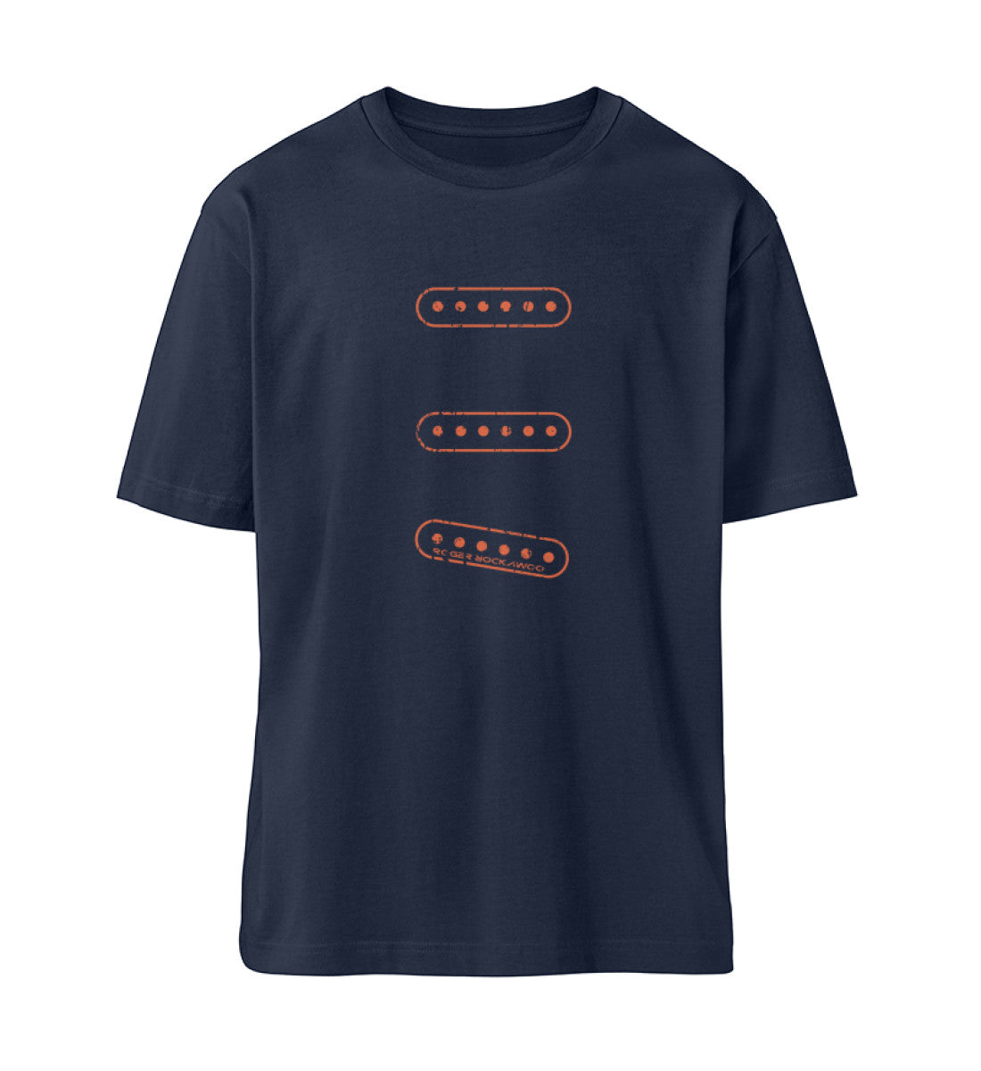 French Navy Blue T-Shirt Unisex Relaxed Fit für Frauen und Männer bedruckt mit dem Design der Roger Rockawoo Kollektion E-Gitarren Single Coil Set Up