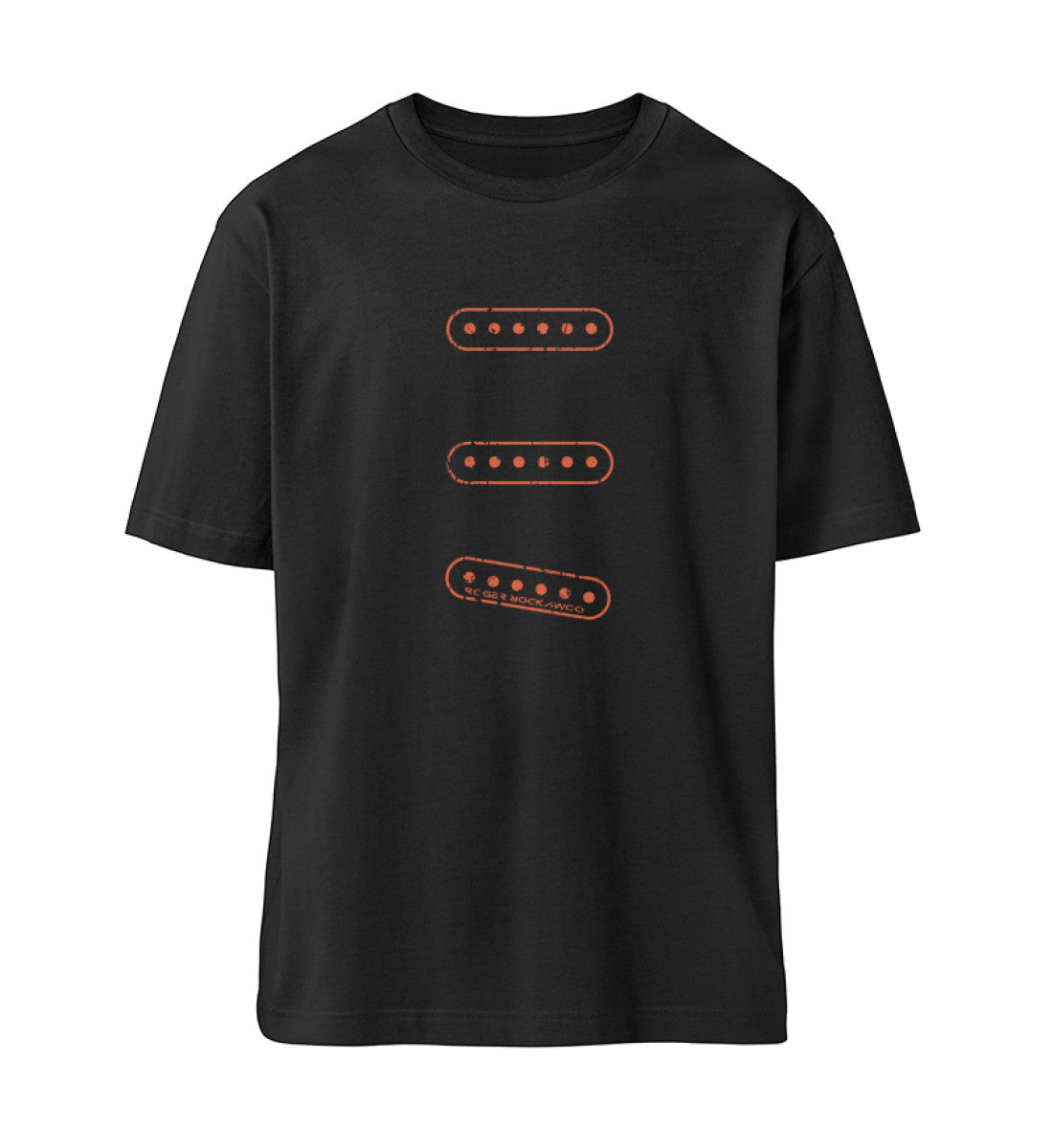 Schwarzes T-Shirt Unisex Relaxed Fit für Frauen und Männer bedruckt mit dem Design der Roger Rockawoo Kollektion E-Gitarren Single Coil Set Up