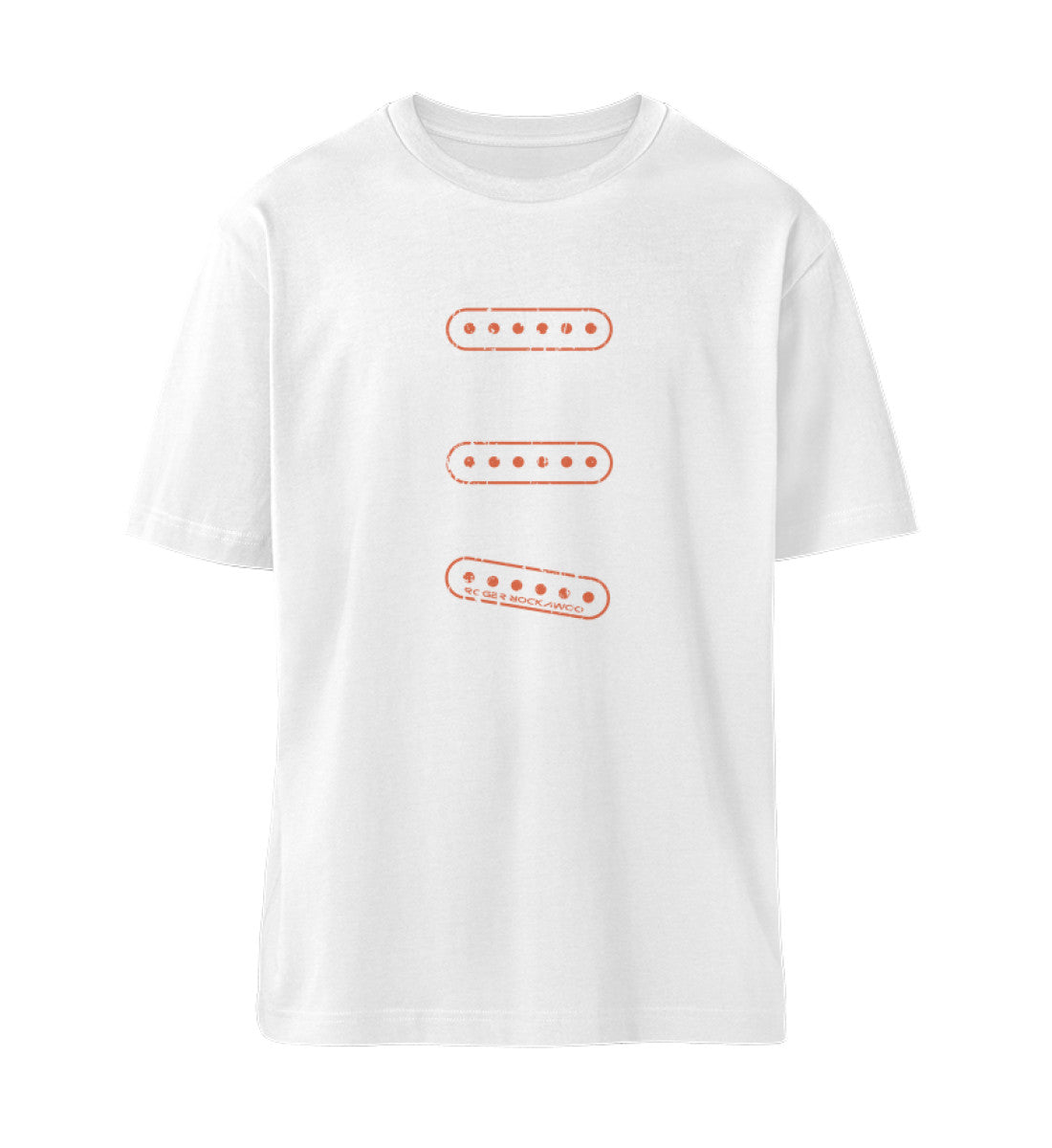 Weißes T-Shirt Unisex Relaxed Fit für Frauen und Männer bedruckt mit dem Design der Roger Rockawoo Kollektion E-Gitarren Single Coil Set Up