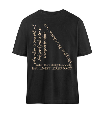 Schwarzes T-Shirt Unisex Relaxed Fit für Frauen und Männer bedruckt mit dem Design der Roger Rockawoo Kollektion education versus guitar tone