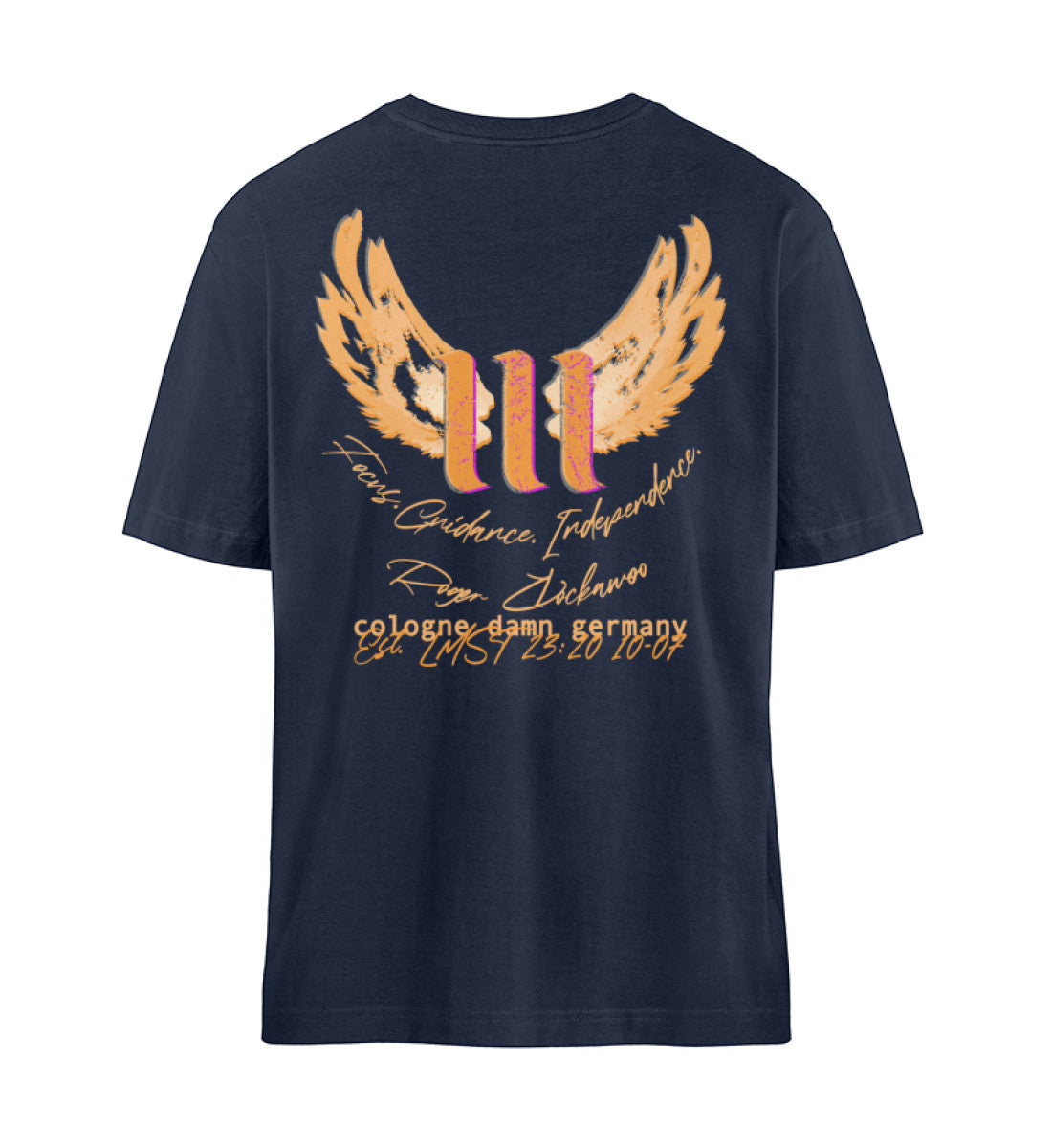 French Navy Blue farbiges T-Shirt Unisex Relaxed Fit für Frauen und Männer bedruckt mit dem Design der Roger Rockawoo Kollektion Engelszahl 111