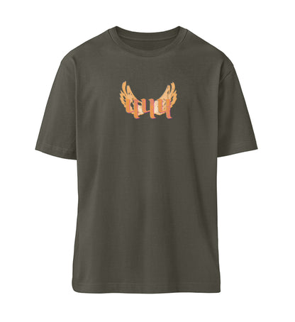 Khaki farbiges T-Shirt Unisex Relaxed Fit für Frauen und Männer bedruckt mit dem Design der Roger Rockawoo Kollektion Engelszahl 444