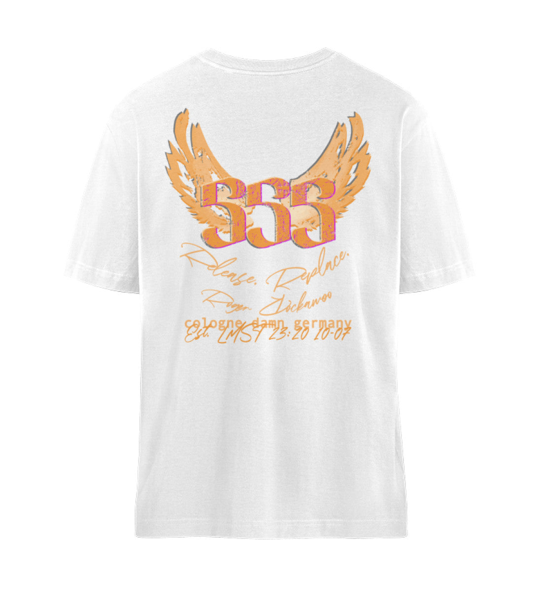 Weißes T-Shirt Unisex Relaxed Fit für Frauen und Männer bedruckt mit dem Design der Roger Rockawoo Kollektion Engelszahl 555