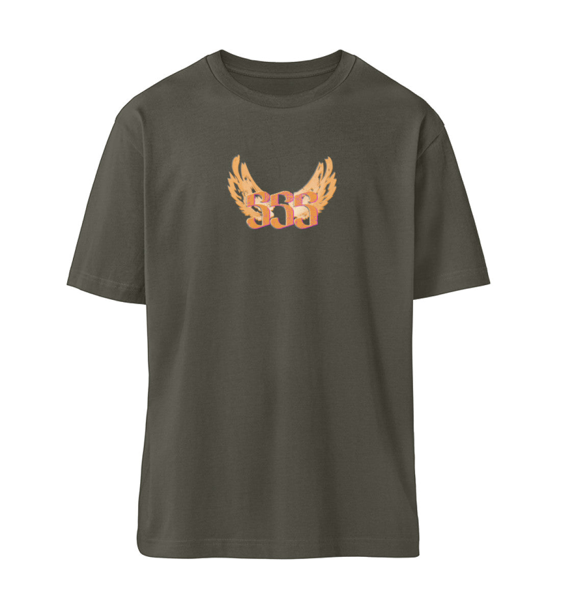 Khaki farbiges T-Shirt Unisex Relaxed Fit für Frauen und Männer bedruckt mit dem Design der Roger Rockawoo Kollektion Engelszahl 555