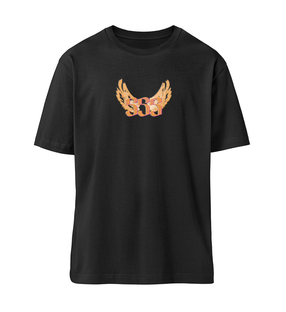 Schwarzes T-Shirt Unisex Relaxed Fit für Frauen und Männer bedruckt mit dem Design der Roger Rockawoo Kollektion Engelszahl 555