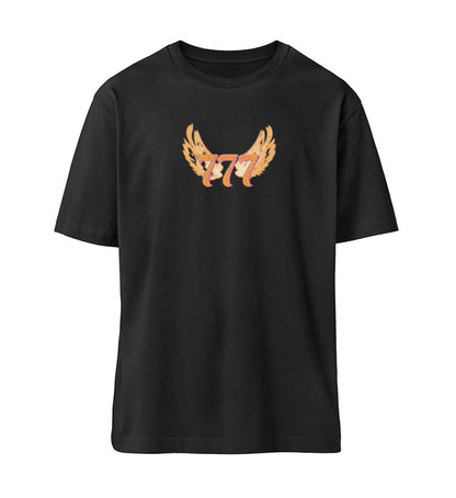 Schwarzes T-Shirt Unisex Relaxed Fit für Frauen und Männer bedruckt mit dem Design der Roger Rockawoo Kollektion Engelszahl 777