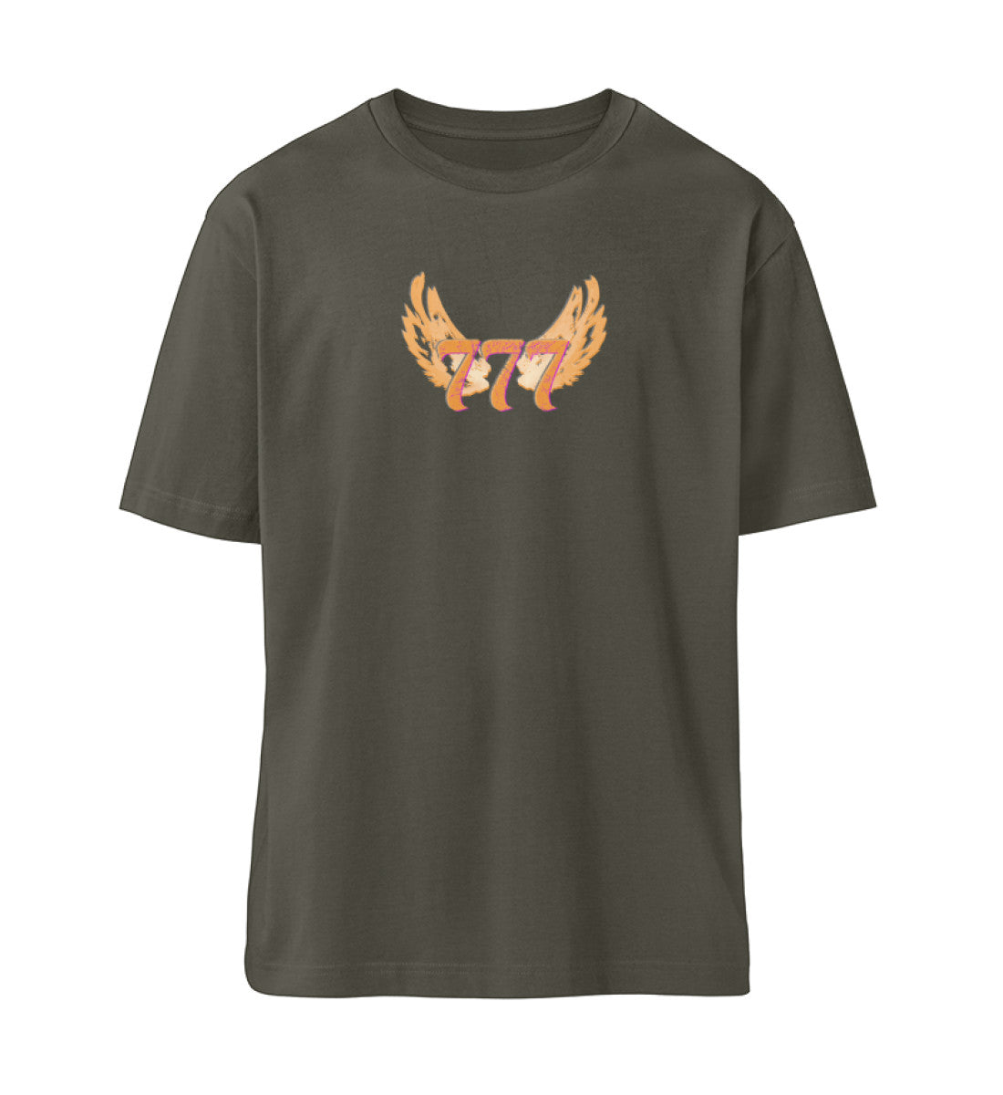 Khaki farbiges T-Shirt Unisex Relaxed Fit für Frauen und Männer bedruckt mit dem Design der Roger Rockawoo Kollektion Engelszahl 777